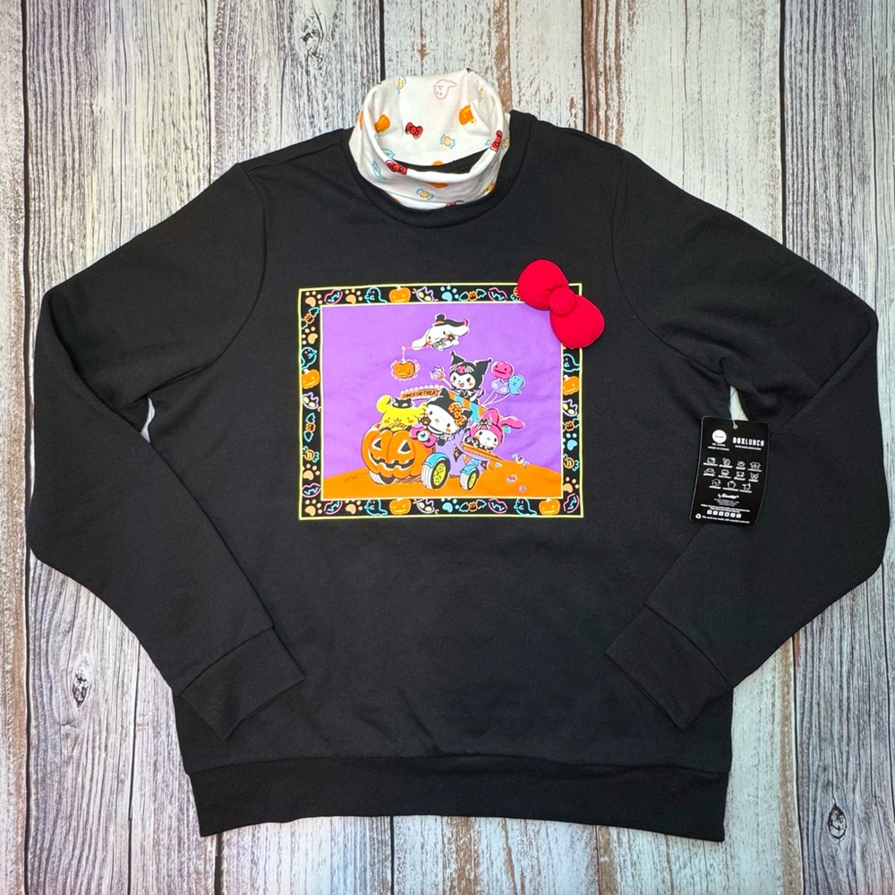 Sanrio Black Turtleneck Sweater with Colorful Hello Kitty Graphic NWT Size Med